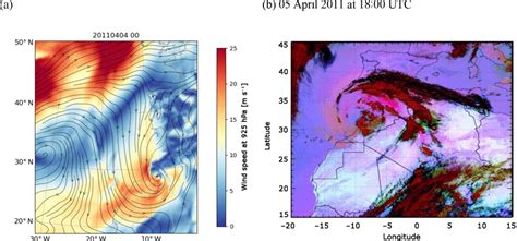 (a) ECMWF ERA5 reanalyses of wind speed at 925 hPa (colors) and wind ...