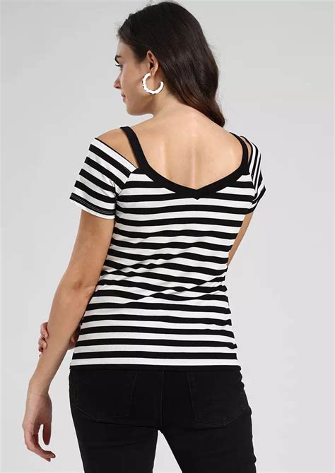 Iki Chic Cutout Shoulder T-Shirt In Stripes – IKI CHIC