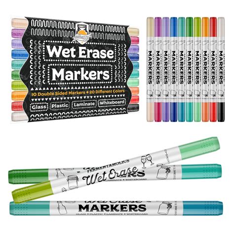 Wet Erase Markers - 10 Pack Double Sided 20 Color Pack, Erasable ...