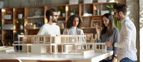 Diverse architects discussing modern house model in the office ...