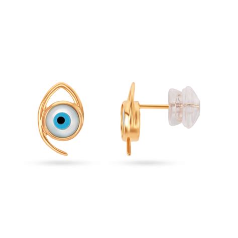 14KT Yellow Gold Blue Evil Eye Stud Earrings