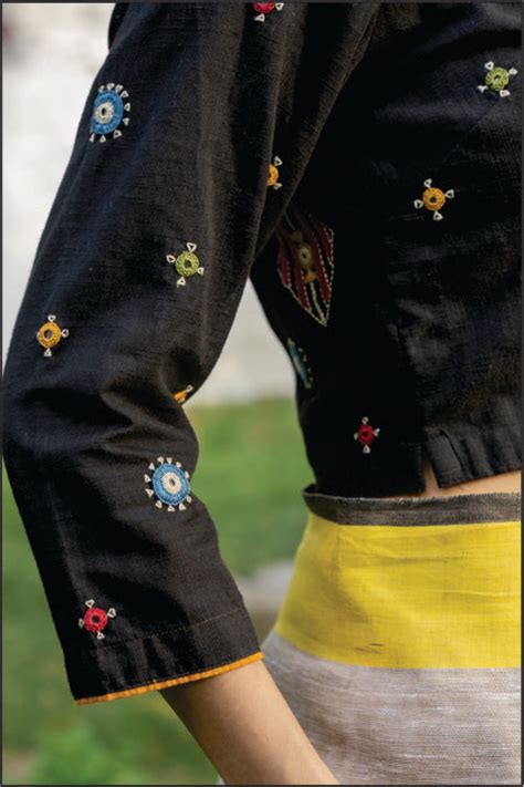 Paheli Black Shirt-Collar Cotton Blouse With Pakka Hand Embroidery ...