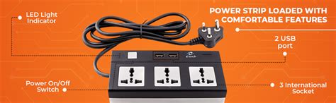 E-Tech Smart USB Extension Box Board Cord | Power Strip |2 USB Ports 3 ...