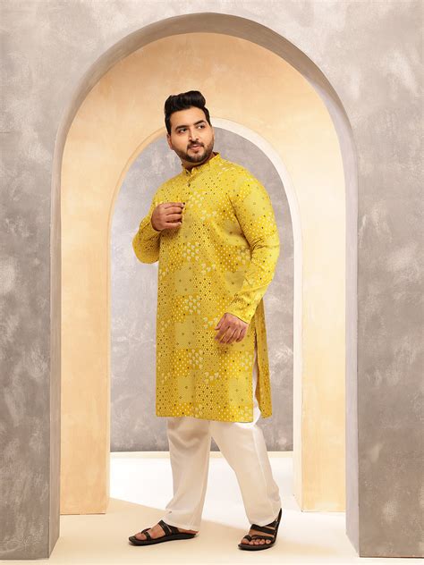 Men's Yellow Cotton Blend Printed Kurta – Trendia