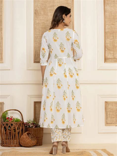 Mustard And White Floral Print Piping Anarkali Style Kurta And Trouser ...