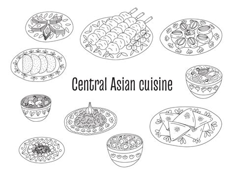 Central Asian food cuisine dishes vector set. Different kinds of ...