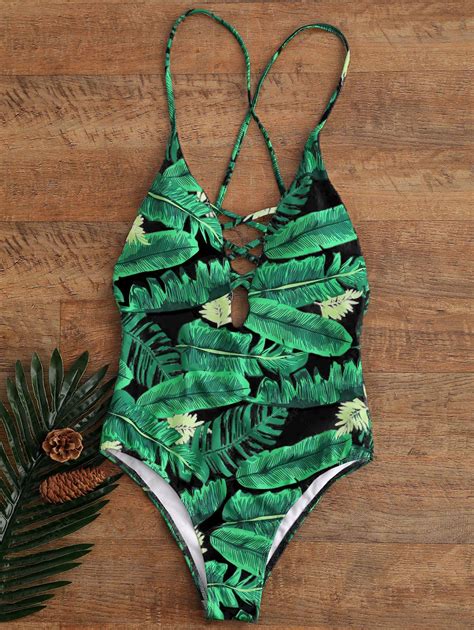 Palm Print Backless Plunge Padded One Piece Bathing Suit In BLACK ...