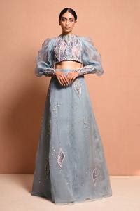 Buy Blue Silk Organza High Neck Embellished Lehenga Set For Women by ...