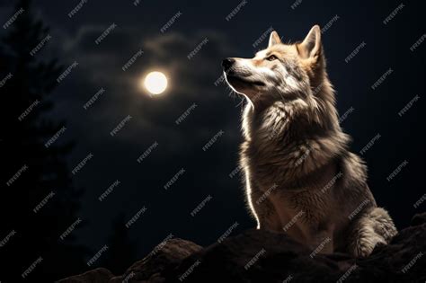 Premium Photo | A wolf sitting on a rock looking up at the moon