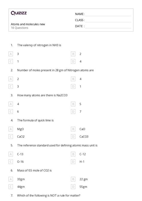 50+ atoms and molecules worksheets for 10th Class on Quizizz | Free ...