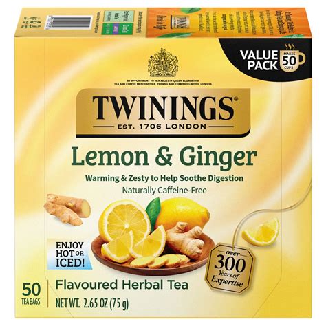 Twinings Lemon & Ginger Herbal Tea Bags, Caffeine Free, 50 Count Box ...