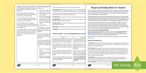 Reciprocal Reading Notes for Teachers (teacher made)