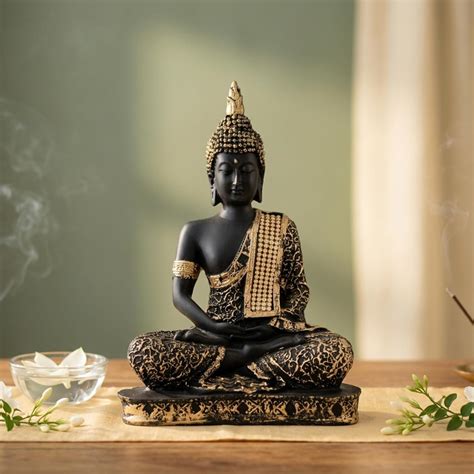 eCraftIndia Black Golden Resin Meditating Lord Buddha Idol