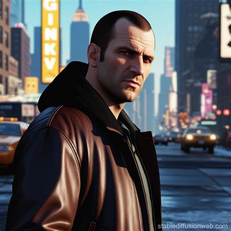 Niko Bellic GTA IV Poster in Cityscape | Stable Diffusion Online