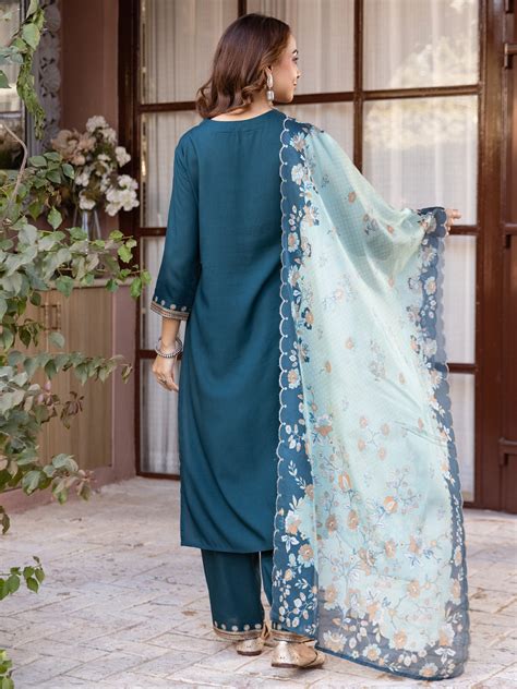 Indo Era Teal Embroidered Straight Kurta Palazzos With Dupatta set