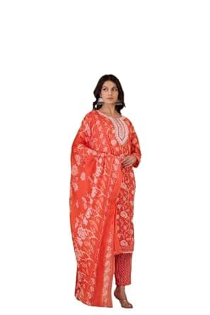 Buy Varanga Women Red Printed Round Neck Straight Kurta With Bottom And ...