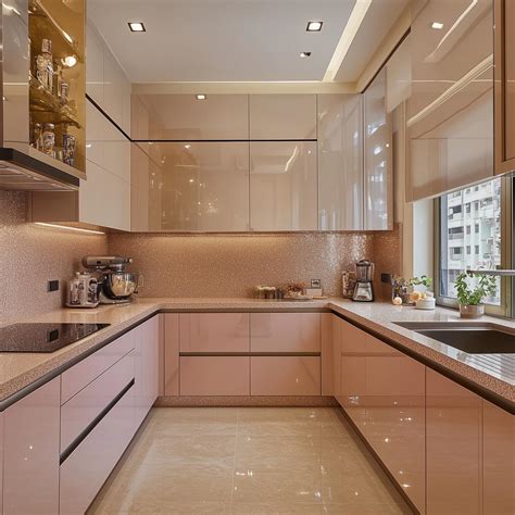 Contemporary Kitchen in Blush Tones with Sparkling Backsplash and High ...