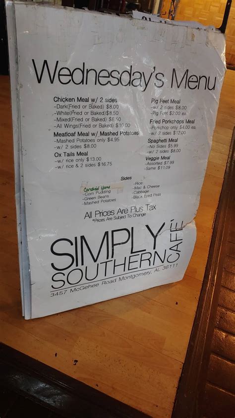 Menu at Simply Southern Cafe, Montgomery, McGehee Rd