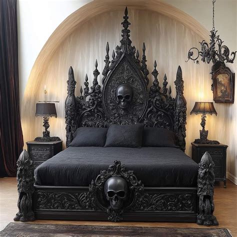 Dark Elegance: Gothic Skull Bed with Ornate Details and Black Themed ...