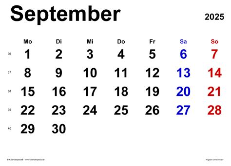 Kalender September 2025 als Word-Vorlagen