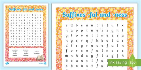 Words Ending in -ful and -ness Word Search (teacher made)