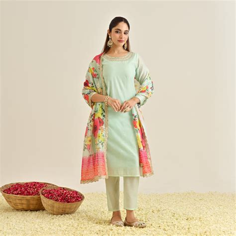 Buy Mint Festive Embroidered Kurta Set with Printed Dupatta & Round ...