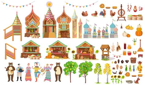 Large set of elements old russian city with wooden carved colored ...