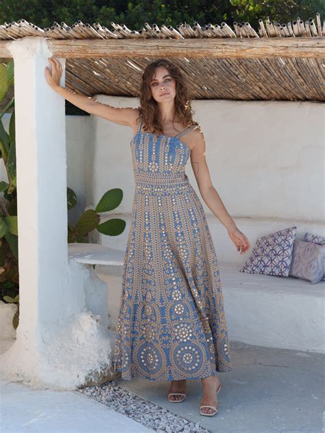 Blue stripe khadi mirror embroidered maxi