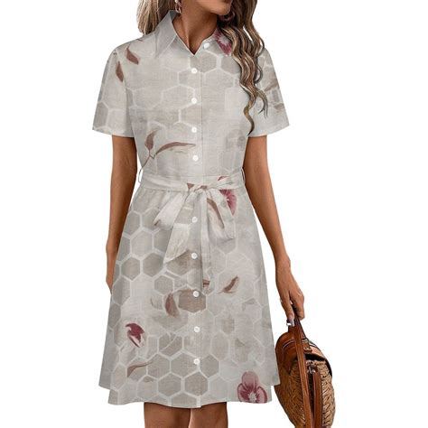 Floral Hexagon Beige Pattern Womens Shirt Dresses Women'S Short Sleeve ...
