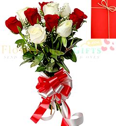Send Online 8 Red n White Roses n Card Order Delivery | flowercakengifts