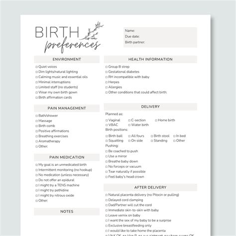 Birth Plan Template, Birth Plan Printable, Editable Birth Preferences Template, Natural Birth ...