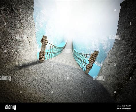 Dangerous rope bridge connecting two opposite sides. 3D illustration ...