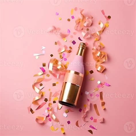 Golden champagne bottle with confetti stars and party streamers ...
