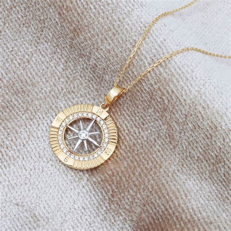 Solid Gold Compass Necklace 14K Gold Compass Pendant North - Etsy