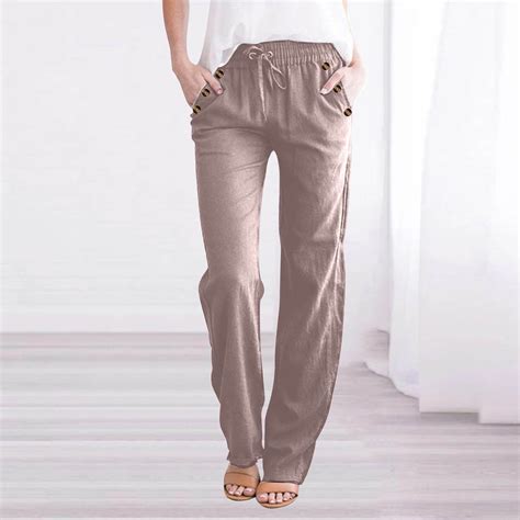 Feimerou Lounge Pants Women Petite Linen Pants Straight Fit Elastic ...