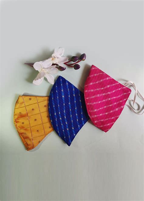 Get Set of 3 Printed Masks - Mustard, Blue & Pink at ₹ 495 | LBB Shop