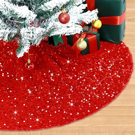 Amazon.com: FCSJOST Red Christmas Tree Skirt Glitter Sequin Tree Skirt ...