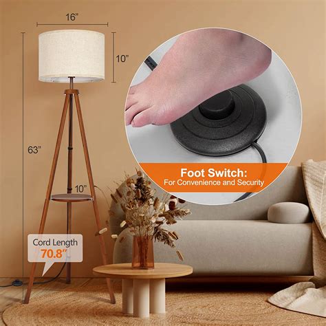 OUTON 63" Tripod Floor Lamp Wood with Shelves, Mid Century Modern Stan