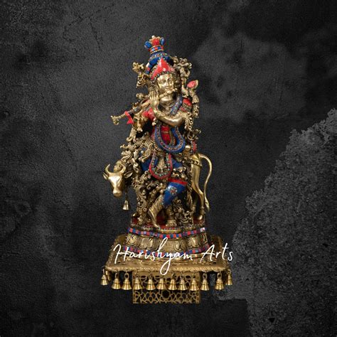 26" Brass Muralidhara Krishna Playing Flute with Cow, Multicolor Stone