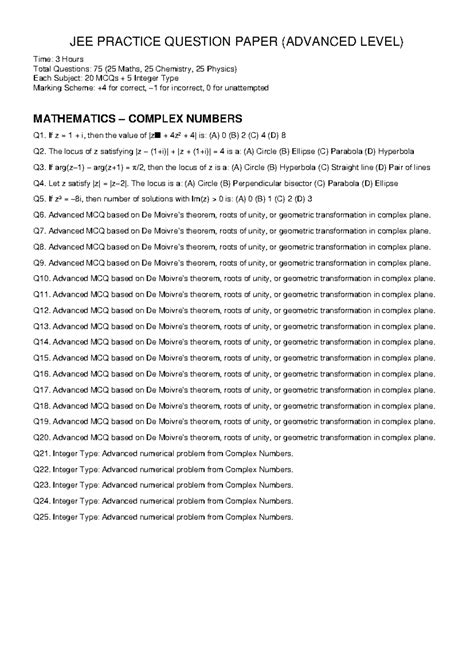 JEE ADVANCED LEVEL PRACTICE PAPER (PCM) - 75 Questions - Studocu