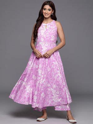 Buy Varanga Women Workwear Lavender Floral Anarkali Kurta With Palazzo ...