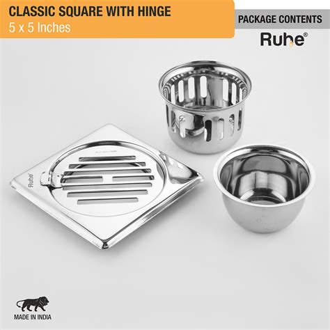 Classic Square 304-Grade Floor Drain with Collar, Hinge & Cockroach Tr ...