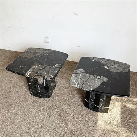 Postmodern Black Marble Side Tables on Scalloped Bases - a Pair For ...