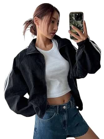 Buy MAYKR Women's Casual Black Bomber Jacket with Striped Sleeves, Zip ...