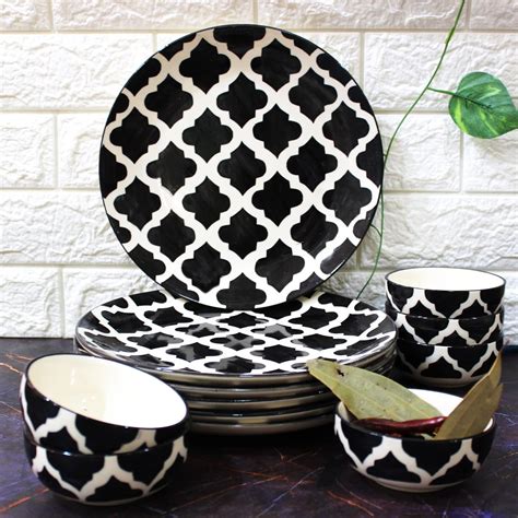 THEARTISANEMPORIUM Black Moroccan Hand-Painted Ceramic Dinner Set of 6 ...