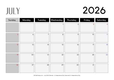 July 2026 Calendar with Holidays Printable PDF