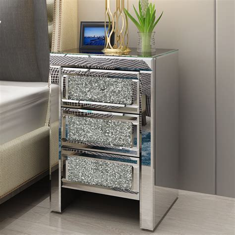 Buy Mirrored Glass Bedside Table Unit with 3 Drawer and Crystal Handles ...
