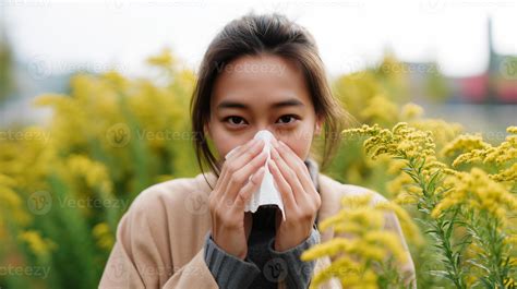 Woman suffering from ragweed pollen allergy blowing nose with tissue outdoors. Seasonal hay ...