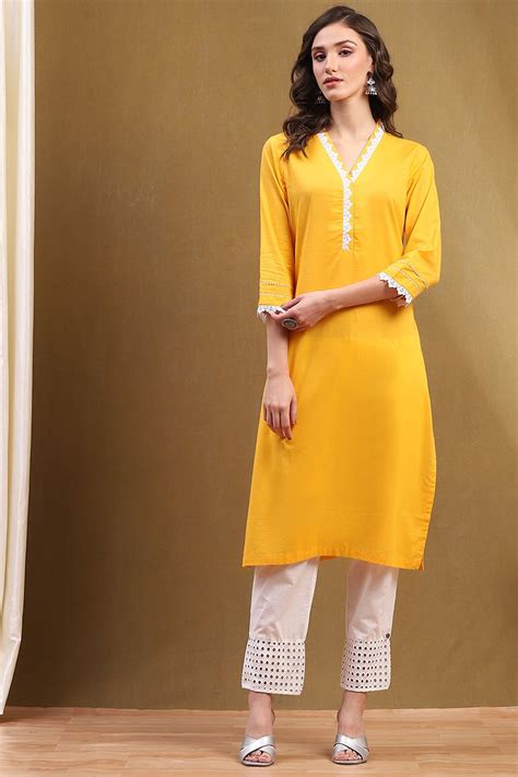 Yellow Cotton Solid Regular Fit Straight Kurta at Biba India