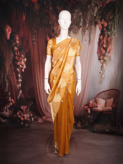 Deep Mustard Gold Floral Butta Woven Design Tissue Saree with Gold Zari ...